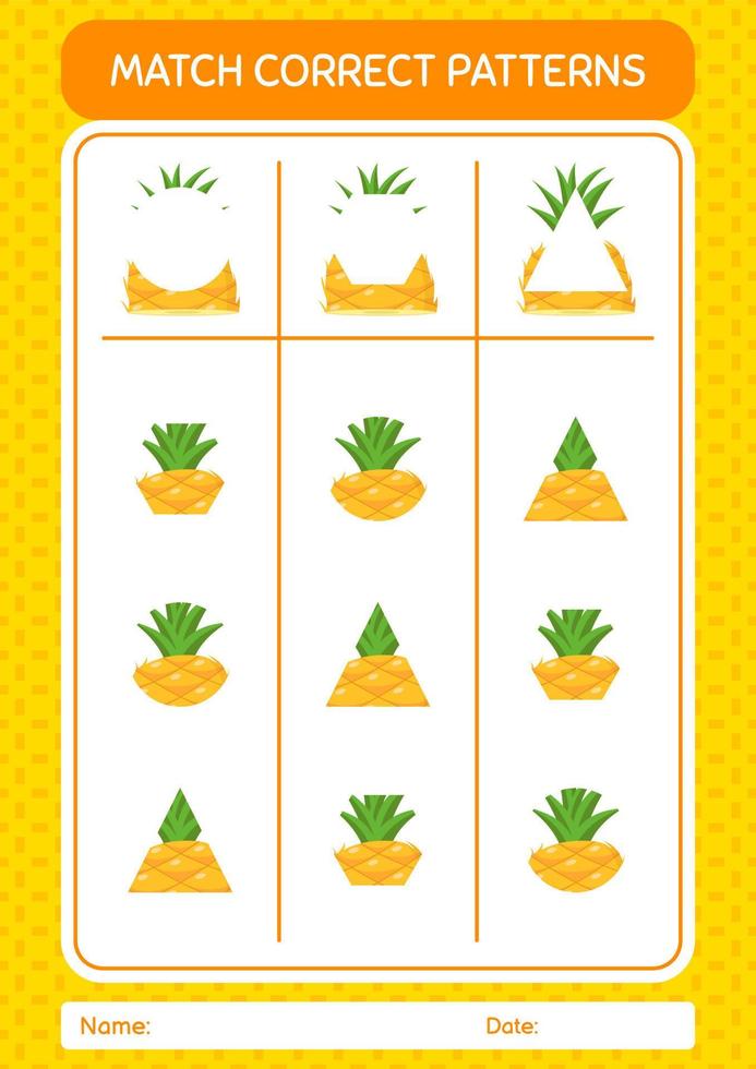 Match-Pattern-Spiel mit Ananas. arbeitsblatt für vorschulkinder, kinderaktivitätsblatt vektor