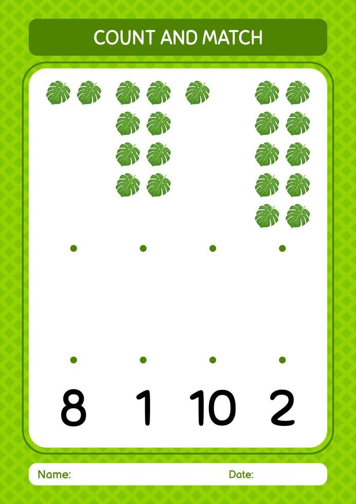 räkna och matcha spel med monstera leaf. arbetsblad för förskolebarn, aktivitetsblad för barn vektor