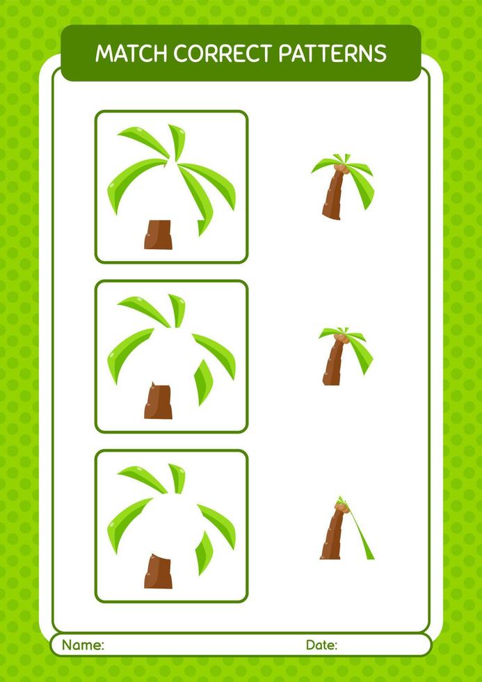 matcha mönsterspel med kokospalmer. arbetsblad för förskolebarn, aktivitetsblad för barn vektor
