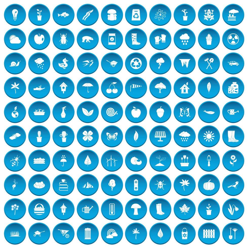 100 trädgårdssaker ikoner som blå vektor