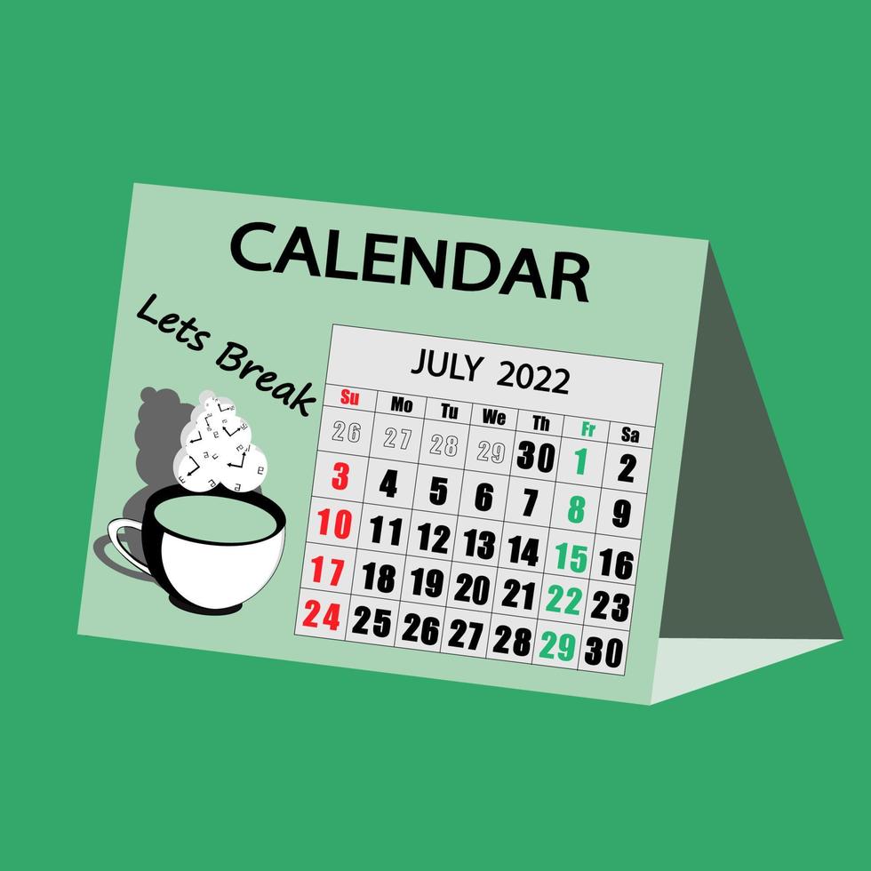 illustrationskalender juli 2022 med kaffe vektor