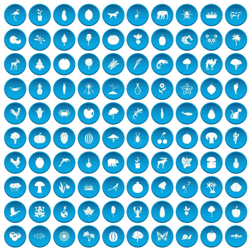 100 Live-Natur-Icons blau gesetzt vektor