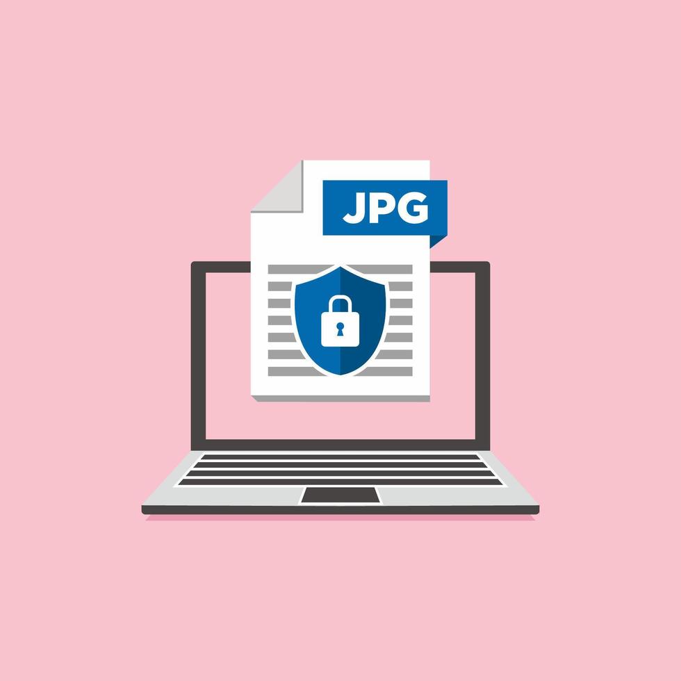 Sicherheits-JPG-Icon-Datei mit Etikett auf Laptop-Bildschirm-Dokumentenkonzept vektor