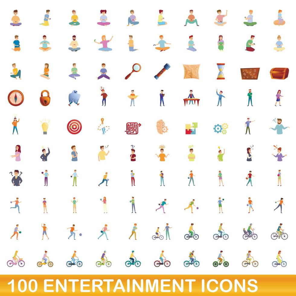100 underhållning ikoner set, tecknad stil vektor