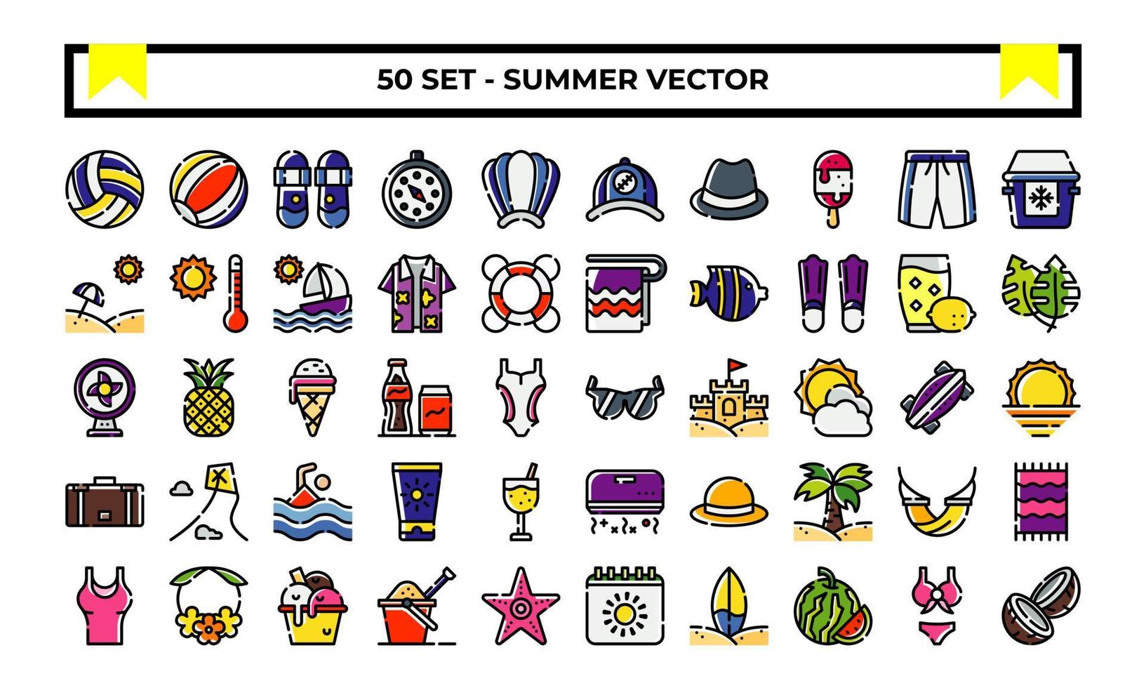 sommer-icon-set oder logo-illustrationsvektorgrafik mit strand, sonne, ball, sonnenbrille usw. perfekte verwendung für ui, website, muster, design usw. vektor