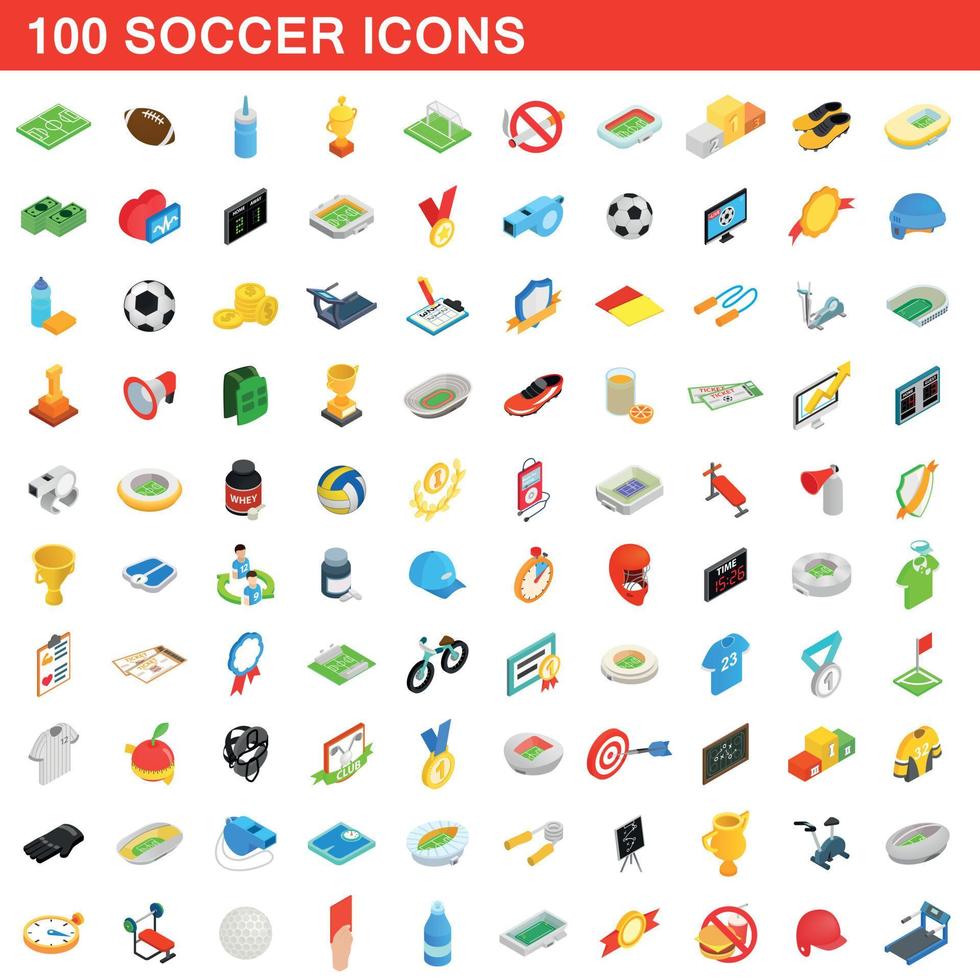 100 Fußballsymbole gesetzt, isometrischer 3D-Stil vektor