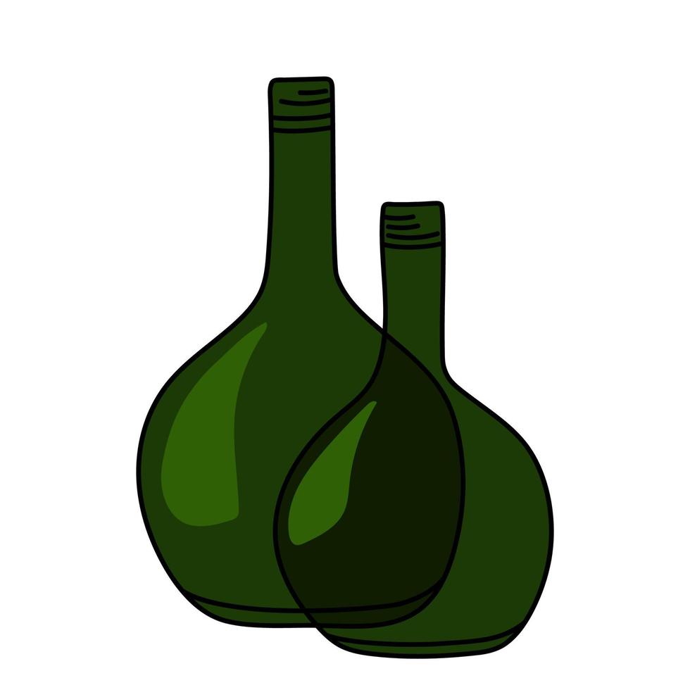 handgezeichnete runde bauchige flaschen aus grünem glas mit langem hals für wein. vektor