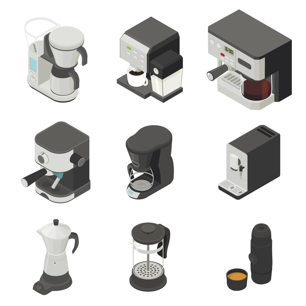 Kaffeemaschine Symbole gesetzt, isometrischer Stil vektor