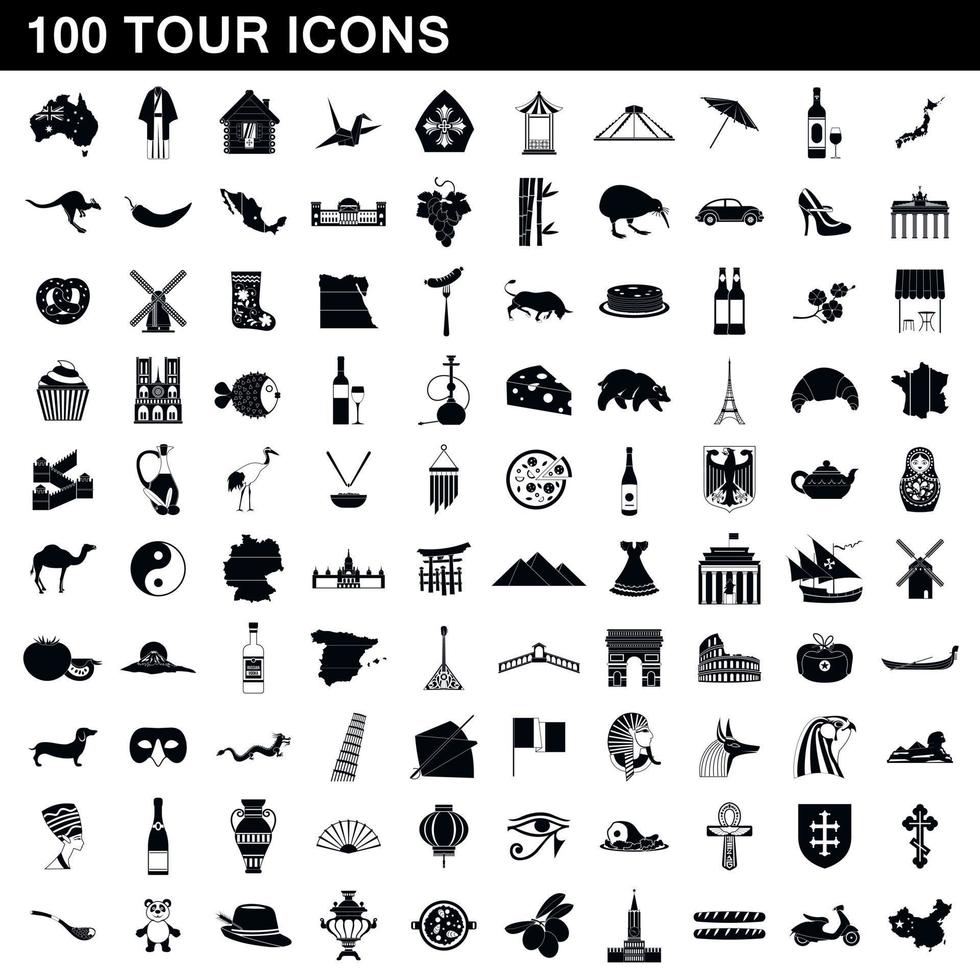 100 Tour-Icons gesetzt, einfacher Stil vektor