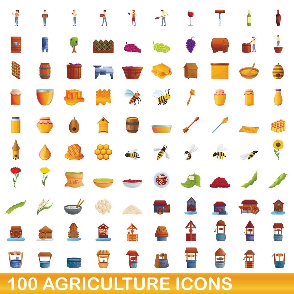 100 landwirtschaftliche Symbole im Cartoon-Stil vektor