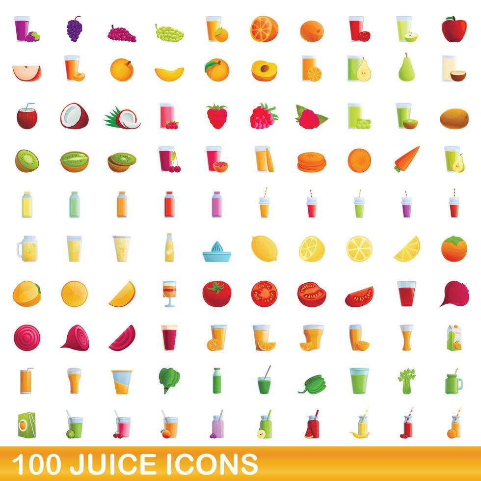 100 juice ikoner set, tecknad stil vektor