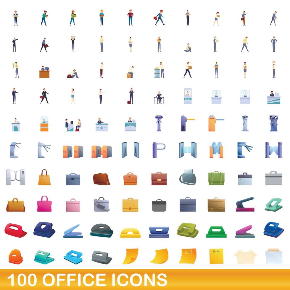 100 kontor ikoner set, tecknad stil vektor
