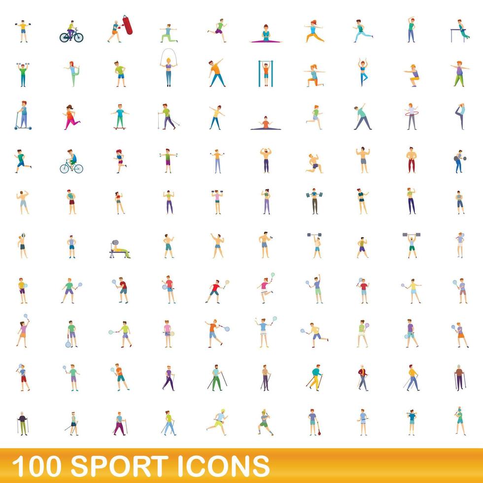 100 sport ikoner set, tecknad stil vektor