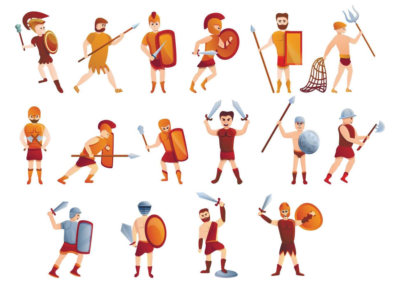 Gladiator-Icons gesetzt, Cartoon-Stil vektor