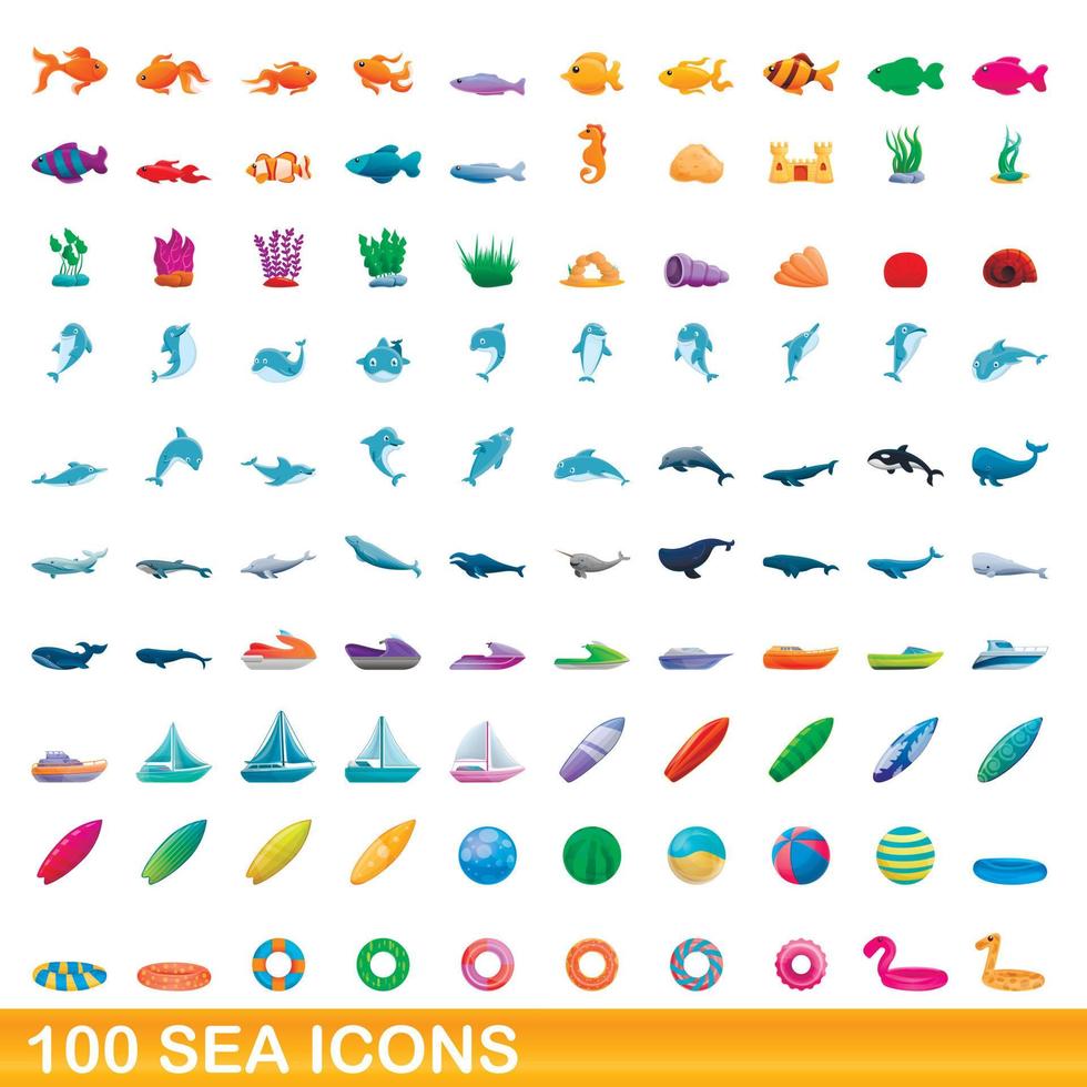 100 havet ikoner set, tecknad stil vektor