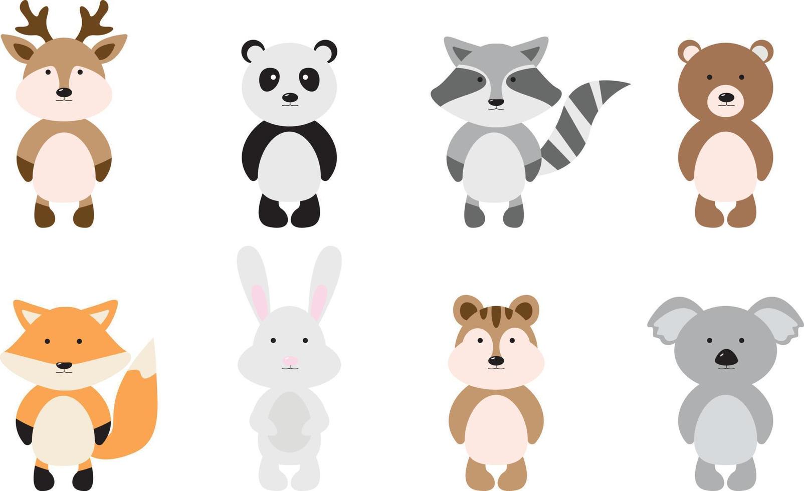 eine große Gruppe isolierter Tiere. vektorsammlung lustiger tiere. süße tiere im cartoon-stil. Hirsch, Panda, Waschbär, Bär, Fuchs, Hase, Streifenhörnchen, Koala vektor