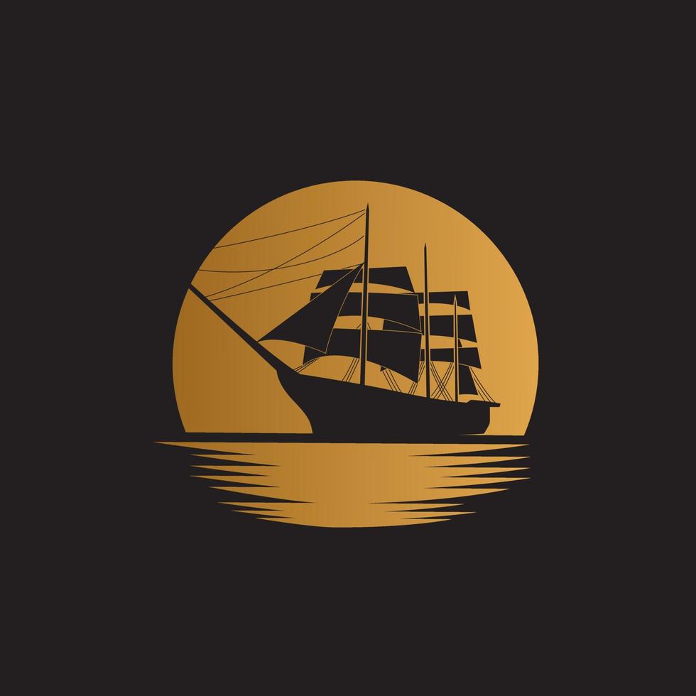 fartyg segelbåt på havet med guld månen bakgrund illustration logotyp design vektor