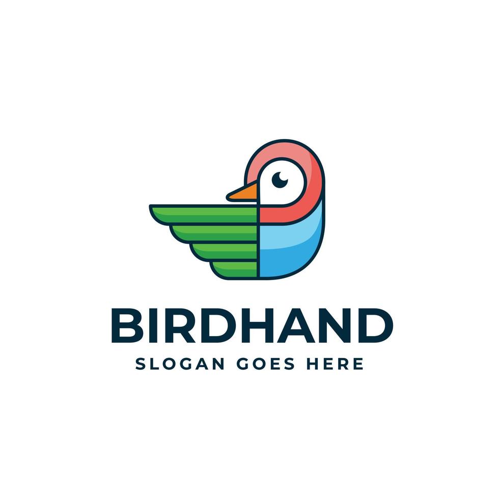 fågel färgglada djur logotyp med mänsklig hand vektor