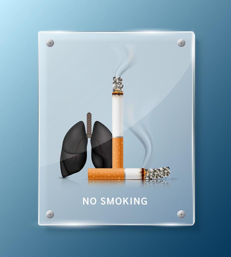Verbotenes Rauchverbotsschild, Lunge innerhalb quadratischer durchscheinender Glasscheiben für Stockwand. Gefahren des Rauchens. Rauchen wirkt sich auf die Menschen in der Umgebung und die Familie aus. Weltnichtrauchertag. 3D-Vektor. vektor