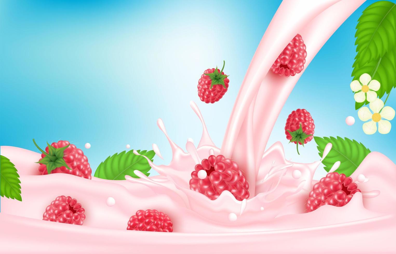 hallon söt rosa mjölk med bär och stänk realistiska, frukt och yoghurt. vektor 3d illustration.