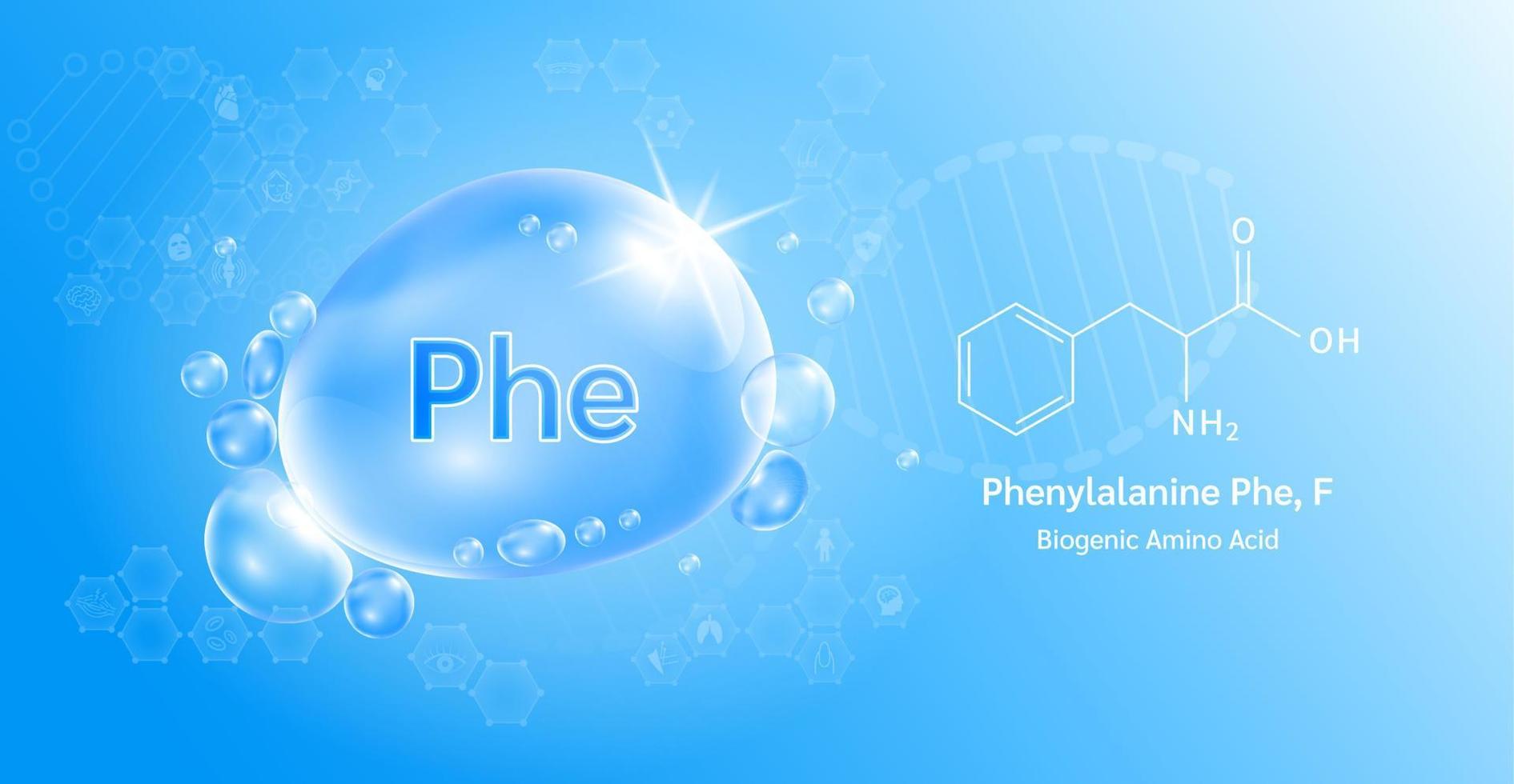 wassertropfen wichtige aminosäure phenylalanin phe, f und chemische strukturformel. Lysin auf blauem Hintergrund. medizinische und wissenschaftliche Konzepte. 3D-Vektor-Illustration. vektor