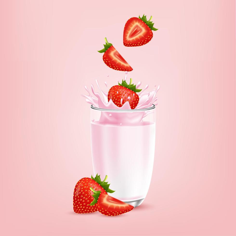 jordgubb söt rosa mjölk med bär och stänk realistisk, frukt och yoghurt. vektor 3d illustration.