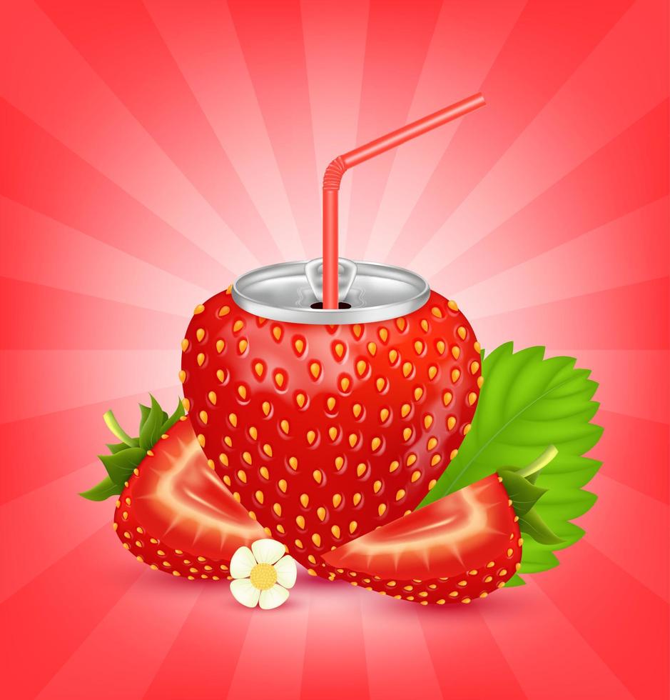 färsk jordgubbsjuice läsk med lock aluminiumburk och sugrör. isolerad på en röd bakgrund. hälsosam fruktdryck koncept. realistisk 3d vektor eps10 illustration.