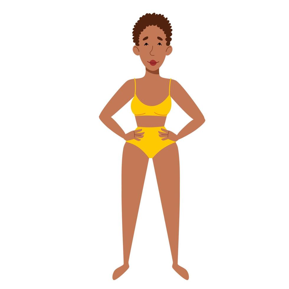 eine weibliche Figur in einem Badeanzug. ein dünnes afroamerikanisches Mädchen in vollem Wachstum. vektor