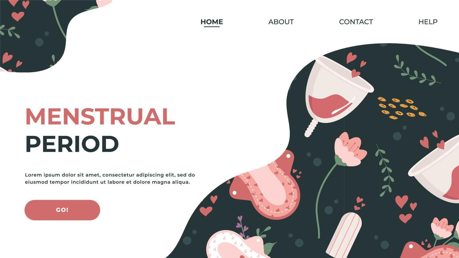 webbplatsens målsida på ämnet kvinnlig reproduktiv hälsa, hygien, menstruation med bilder av bindor, tamponger. platt vektorillustration. hälsokoncept för banner, webbdesign eller målsida vektor