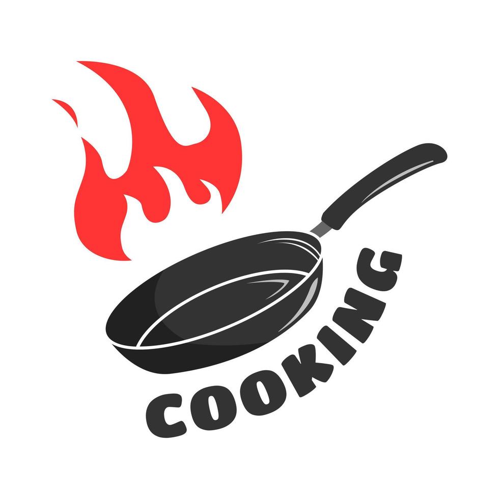 Logo-Vorlage mit Grillpfannenform mit Kochaufschrift auf isoliertem Hintergrund vektor