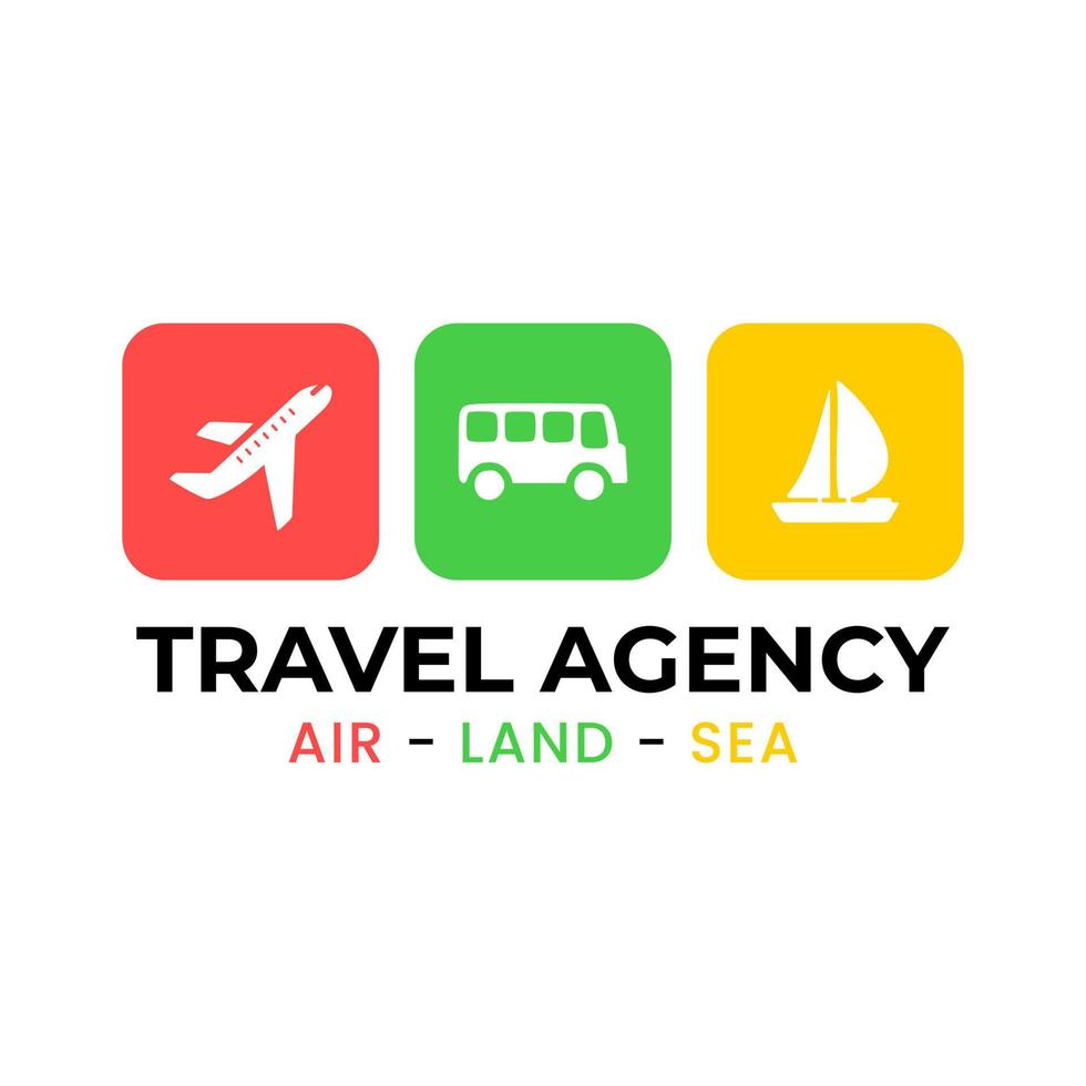 Reisebüro-Logo-Vorlage mit Schiffs-, Flugzeug- und Buselementen auf isoliertem Hintergrund vektor