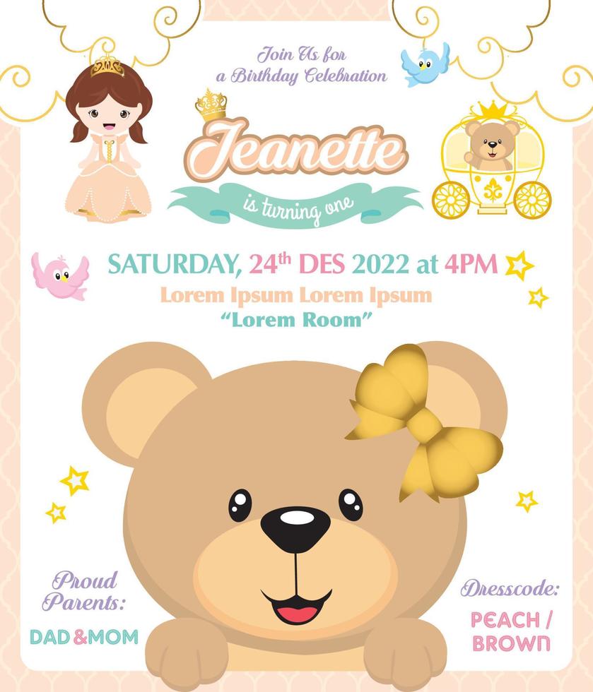 födelsedagsinbjudan med söt prinsessa och björn vektor