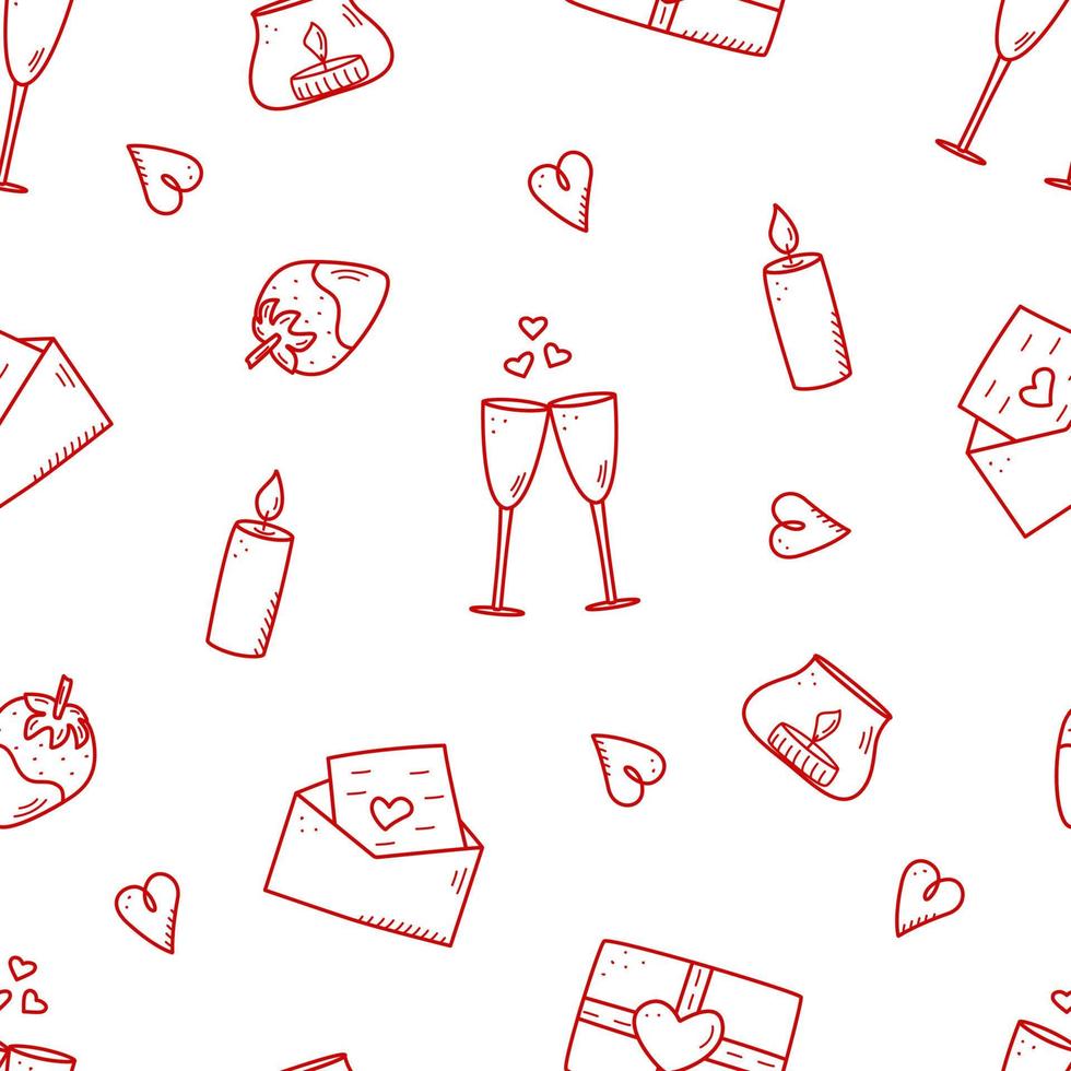 sömlösa mönster ikoner koncept av alla hjärtans dag. vektor doodle romantiska tillbehör ljus hjärtan ring flaska och glas vin, jordgubb choklad present läppar