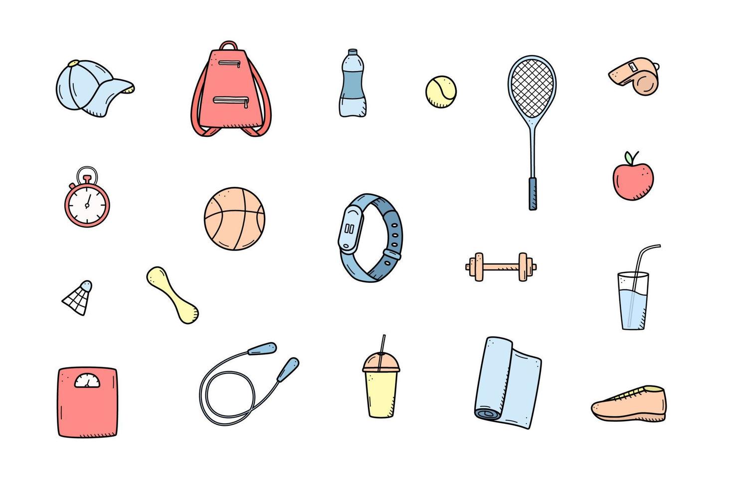 Sport-Doodle-Icon-Set-Konzept. Gestaltungselemente eines Sportumkehrers, eine Vektorillustration des gesunden Lebensstils vektor