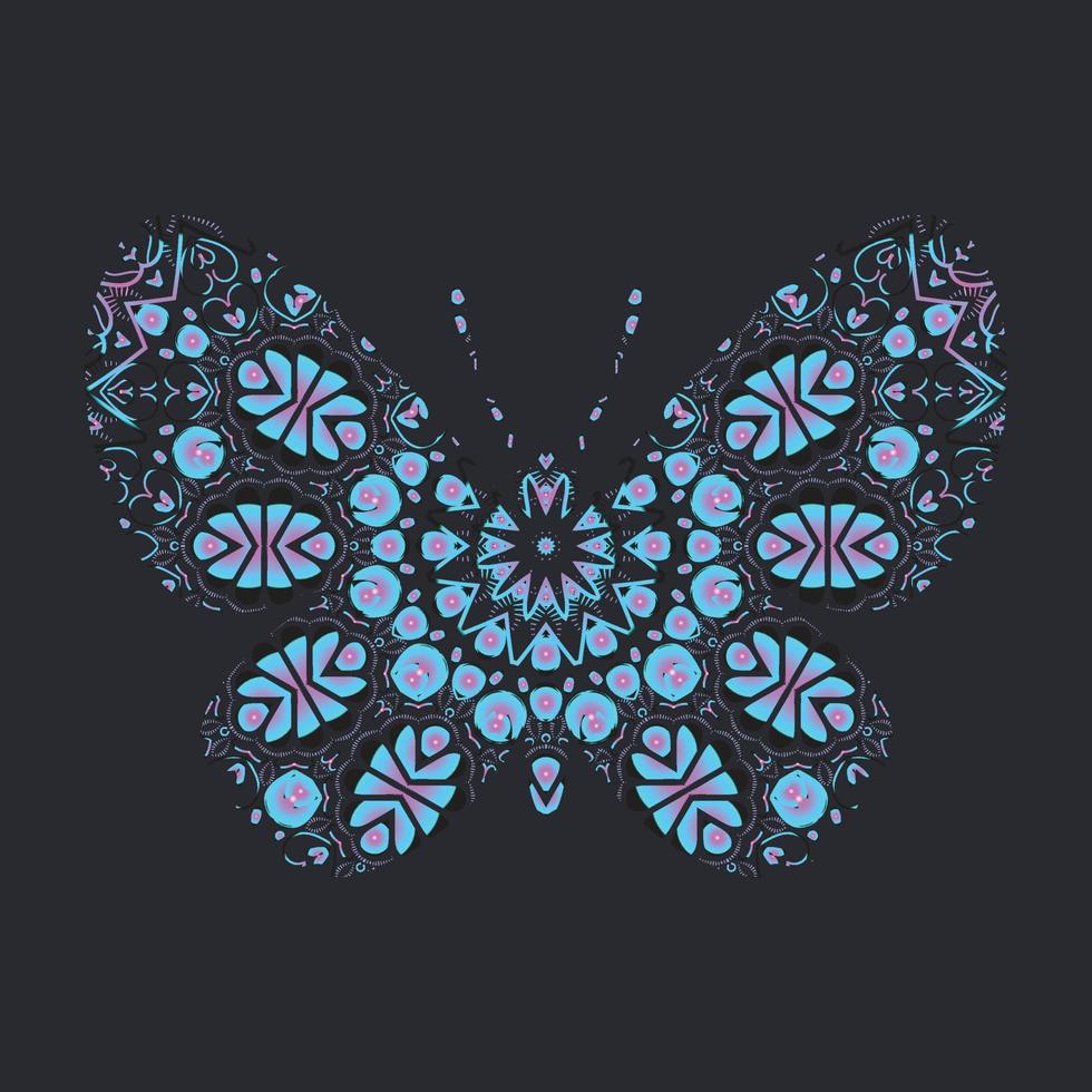 butterfly mandala prydnad handritad vektorillustration. afrikansk, indisk, tribal, zentangle design. kan användas för tatuering, affischer, t-shirttryck, tygdesign, telefonfodraltryck gratulationskort etc vektor