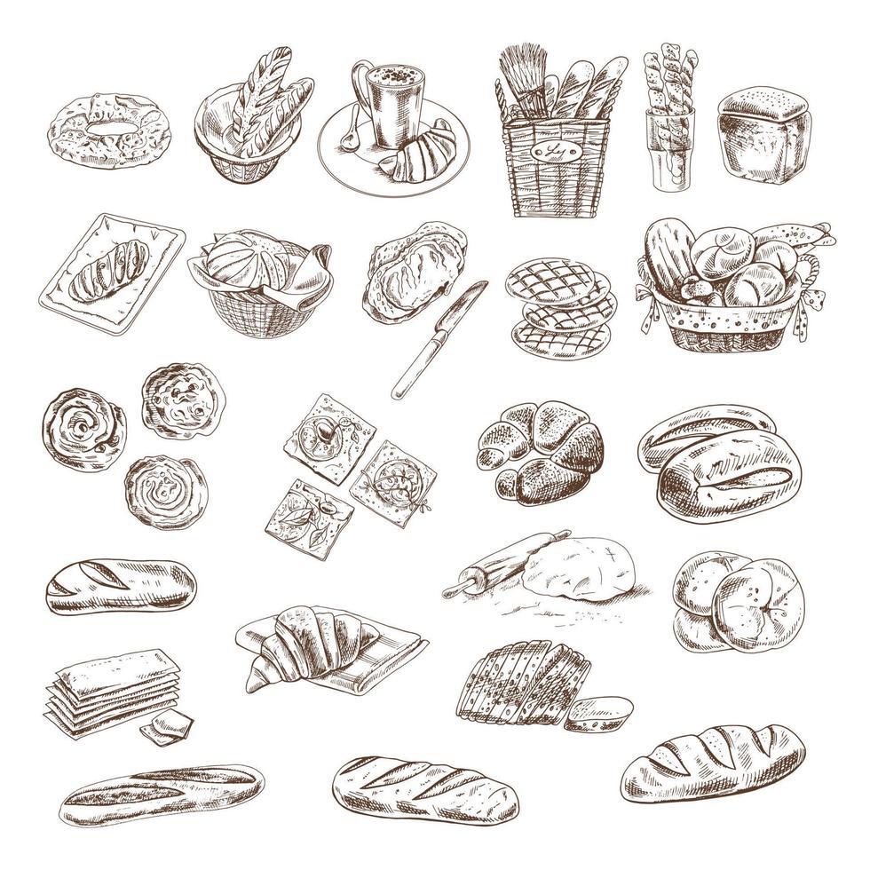 Bäckerei frische Brotsammlung mit verschiedenen Brotsorten, Croissants, Brezeln, französischem Baguette, Brötchen, Bagels und Brötchen isoliert auf weißem Hintergrund. Vektor-Skizze-Illustration. vektor