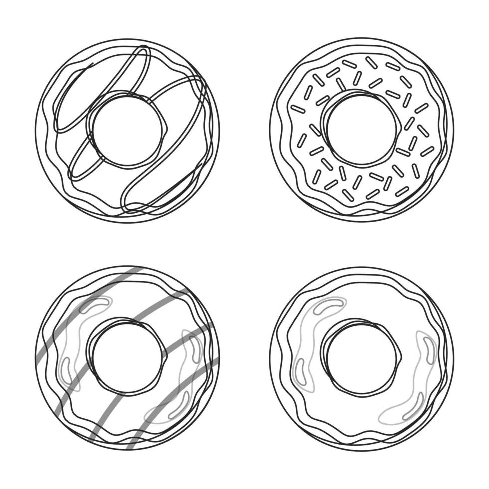 en uppsättning ljusa munkar för färgläggning. vektor illustration.