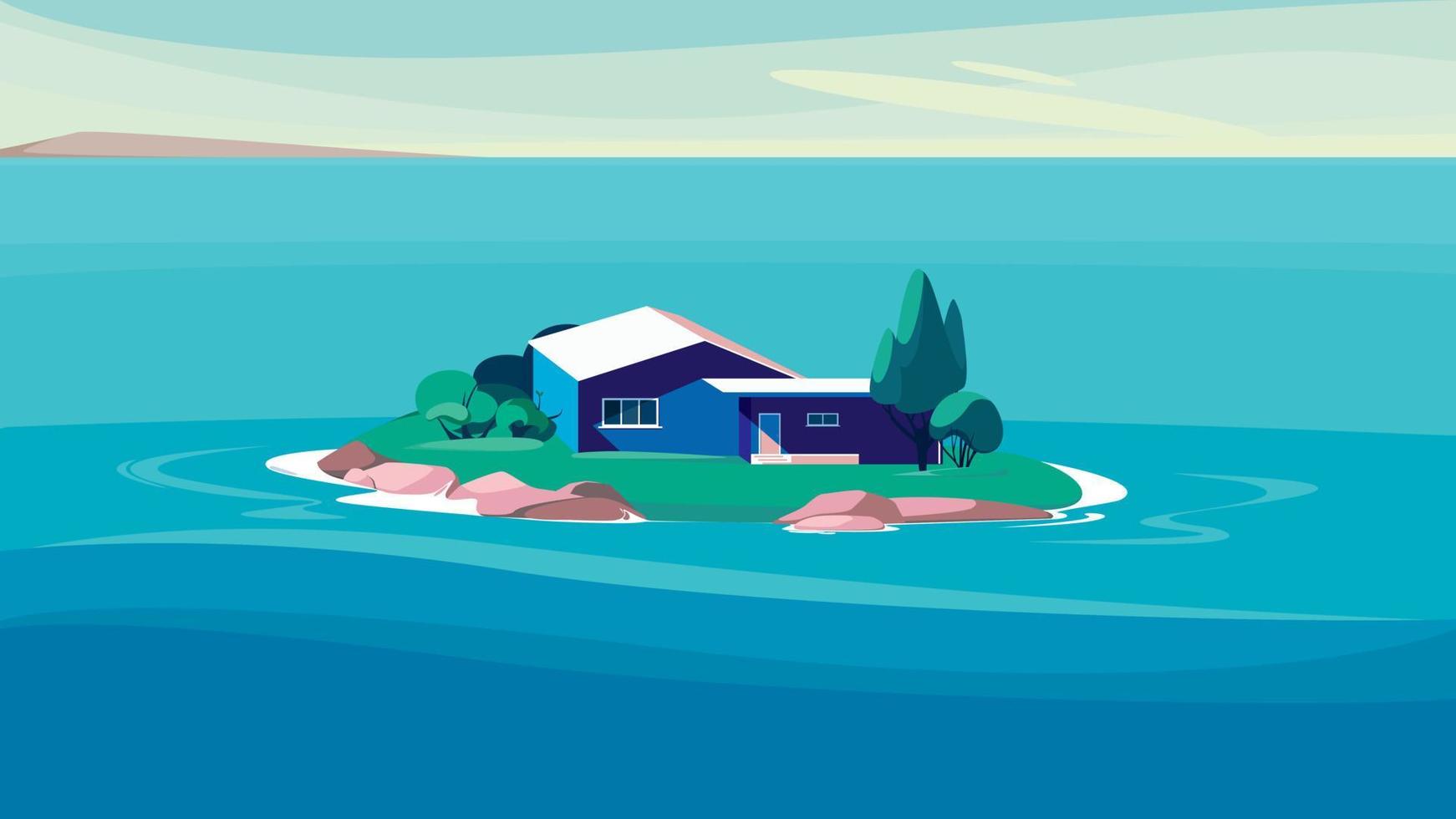 Meereslandschaft mit blauem Haus auf der Insel. vektor