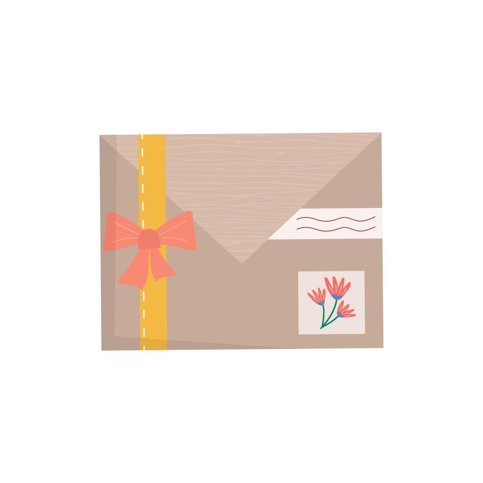 uppsättning kuvert med frimärken. ikon för leveransbrev, korrespondens via posttjänst. handgjord present eller present med hantverkspappersbrev, band, grenar och andra dekorelement. platt vektor