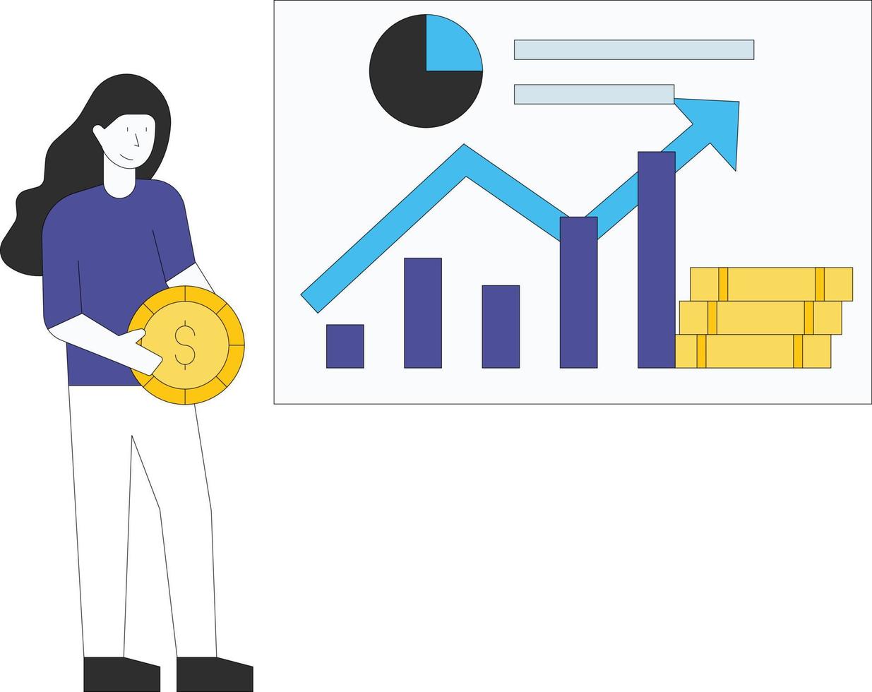 Das Mädchen steht in der Nähe des Dollardiagramms. vektor