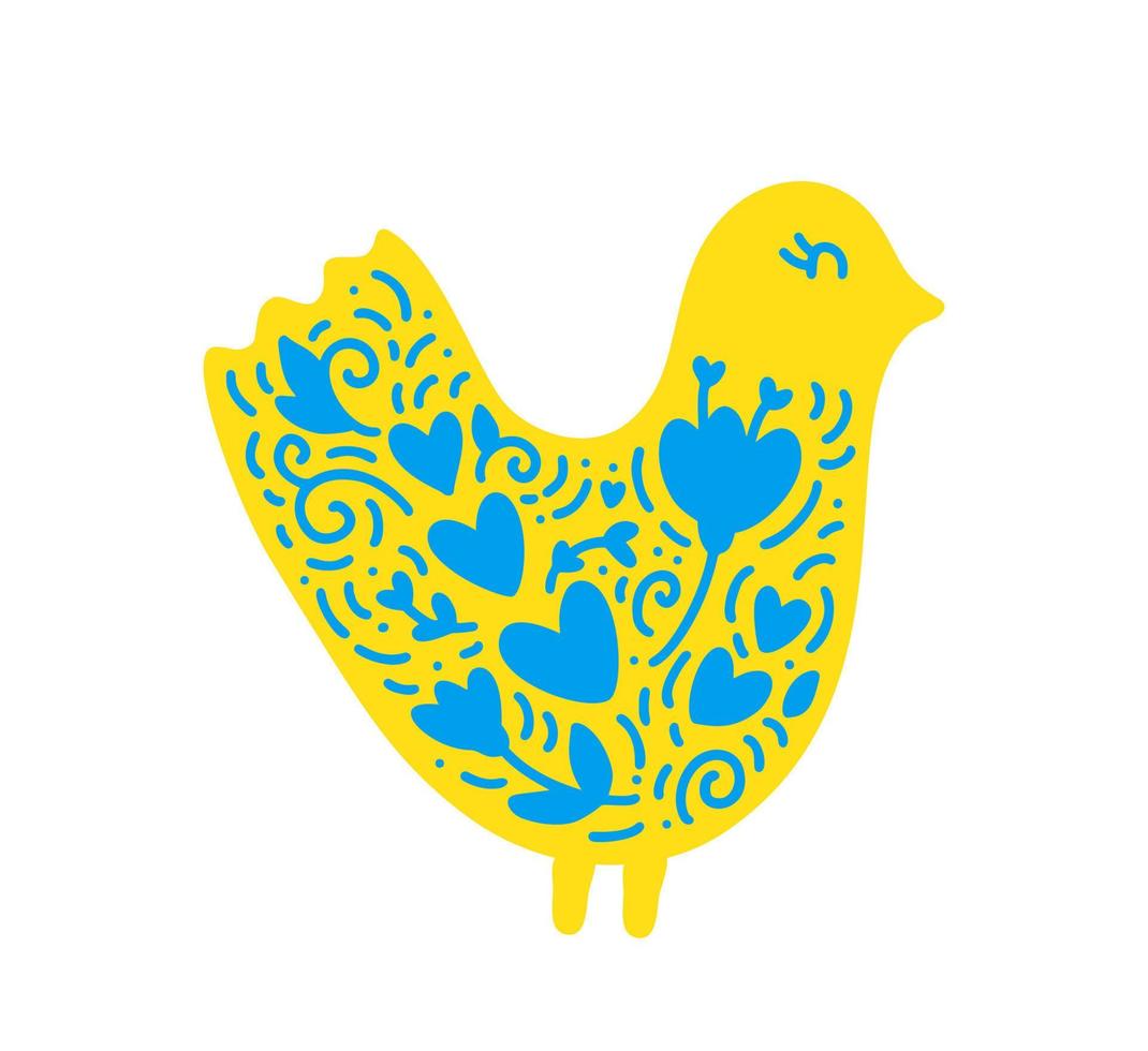söt vektor gul fågel med blå blommor och hjärta. folklig handteckning. fridens duva eller kyckling. folklore ukraina. barn ritar