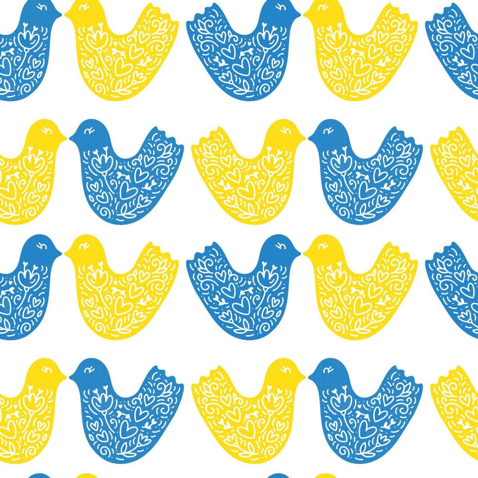 Vektor ukrainische nahtlose Muster mit lustigen gelben und blauen Hühnern Vogel auf weißem Hintergrund. illustration für design, babytextilien und druck