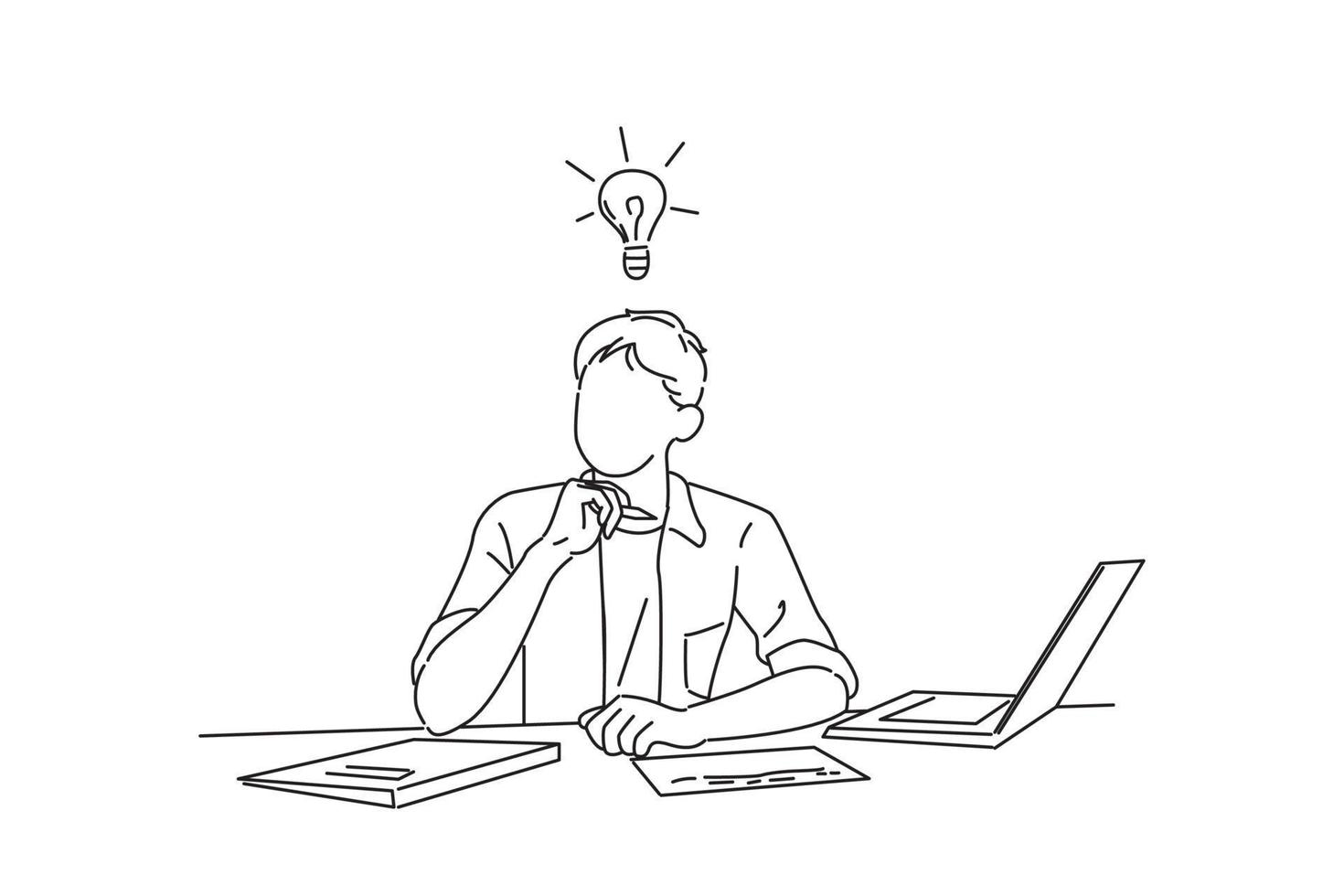 tecknad av affärsmannen använder en bärbar dator på jobbet och kommer med nya idéer vektor