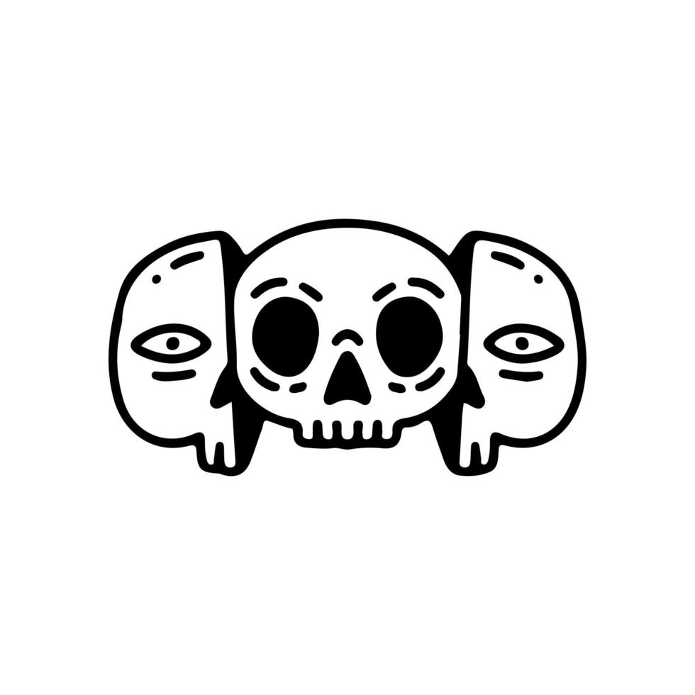 två halva skallansikte med skelett inuti. illustration för t-shirt, affisch, logotyp, klistermärke eller klädesplagg. vektor