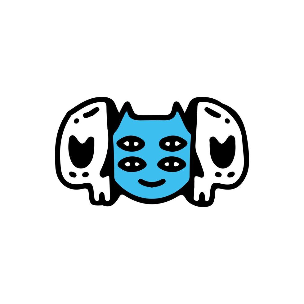 två halva skallen ansikte med fyra ögon katt inuti. illustration för t-shirt, affisch, logotyp, klistermärke eller klädesplagg. vektor