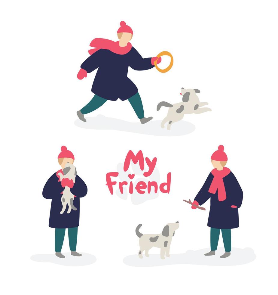 Illustration eines Mädchens, das mit einem Hund spielt. Vektor. Mädchen Teenager in Mantel und Hut, mit einem obdachlosen grauen Hund. flacher Cartoon-Stil. das Logo meines Freundes. Illustrationen für das Tierheim heimatloser Tiere. vektor