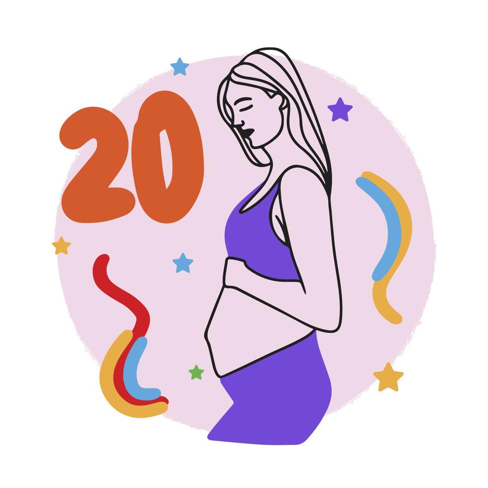 graviditetstermin, räkna veckor, gravid tjej, stor mage, blivande mamma, doodle vektor