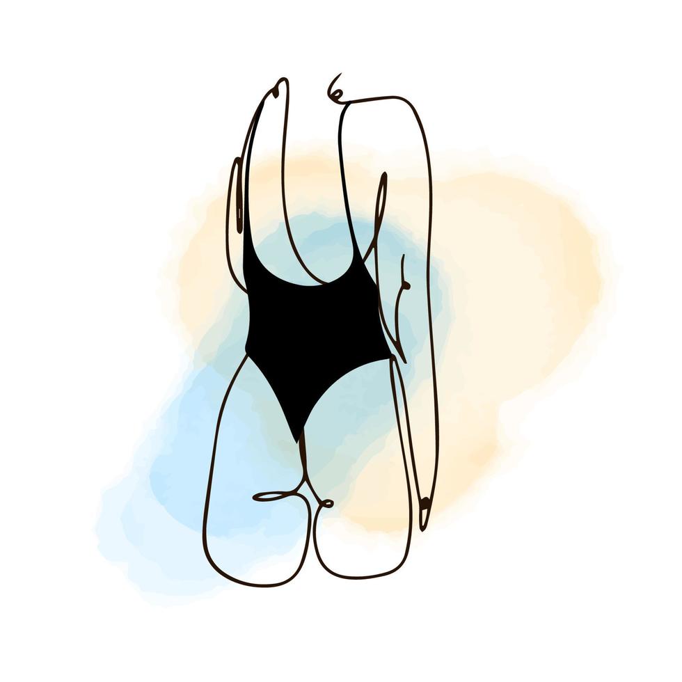 Fragment des Körpers eines Mädchens in einem schwarzen Badeanzug, einzeilige Konturzeichnung, linear im Stil von Kritzeleien auf Aquarellhintergrund, Ästhetik vektor