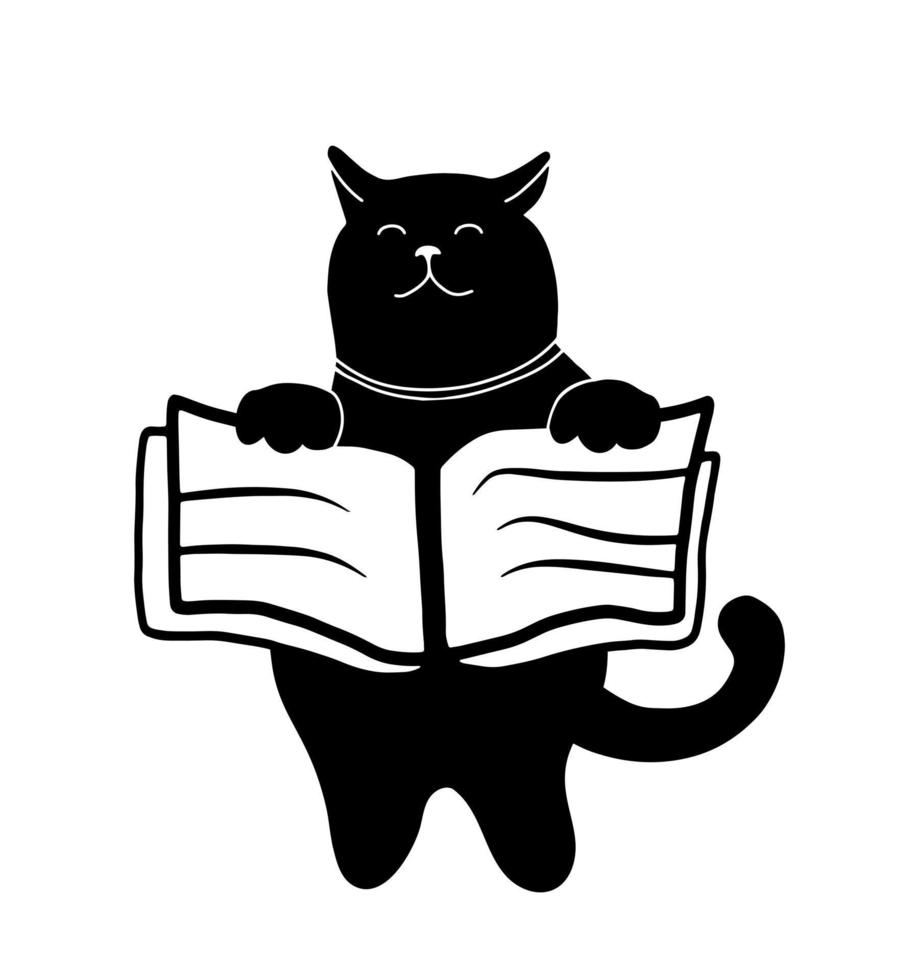 handritad söt katt med bok, doodle ikon isolerad på vit bakgrund. enkel vektor läsning hobby koncept. bibliotekets logotyp formgivningsmall.