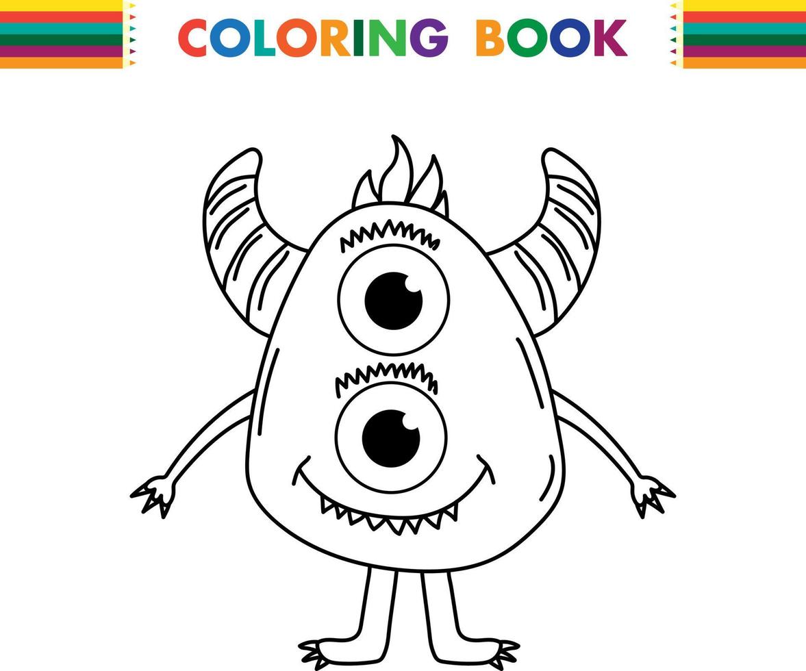 lustiges und süßes Alien-Monster mit drei Augen für Kinder. imaginäre Kreatur für Kinder Malbuch, Schwarz-Weiß-Umriss Fantasy-Cartoon zum Ausmalen von Seiten. vektor